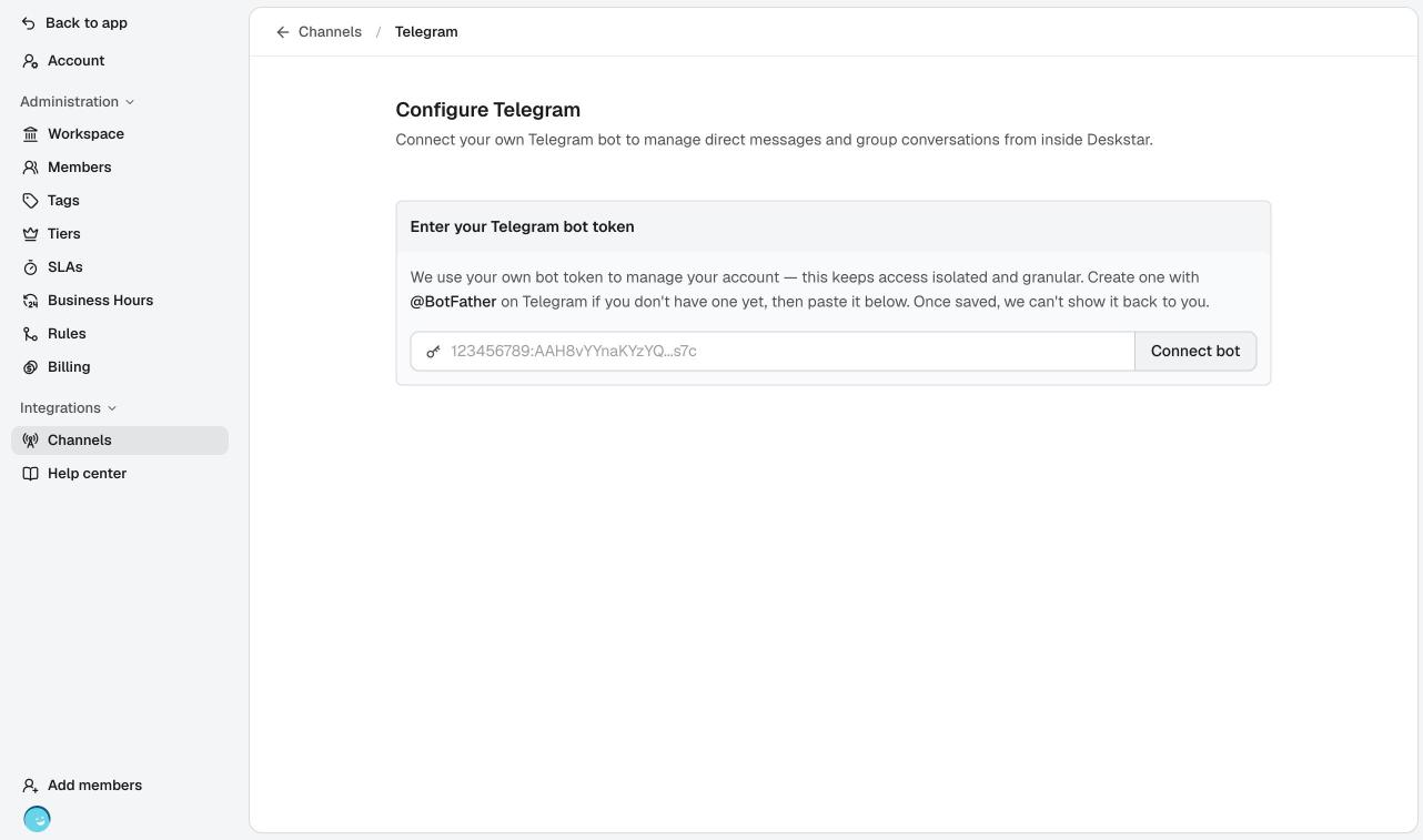 The telegram page before the bot is connected