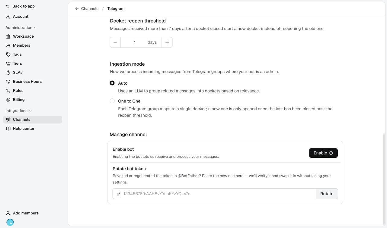 The Manage channel card with the Enable button