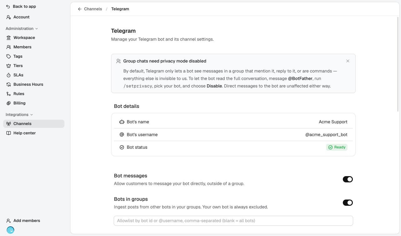 The bot status showing Ready