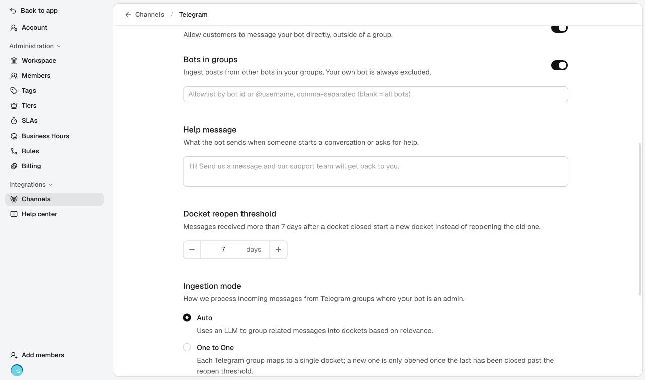 The Telegram channel settings