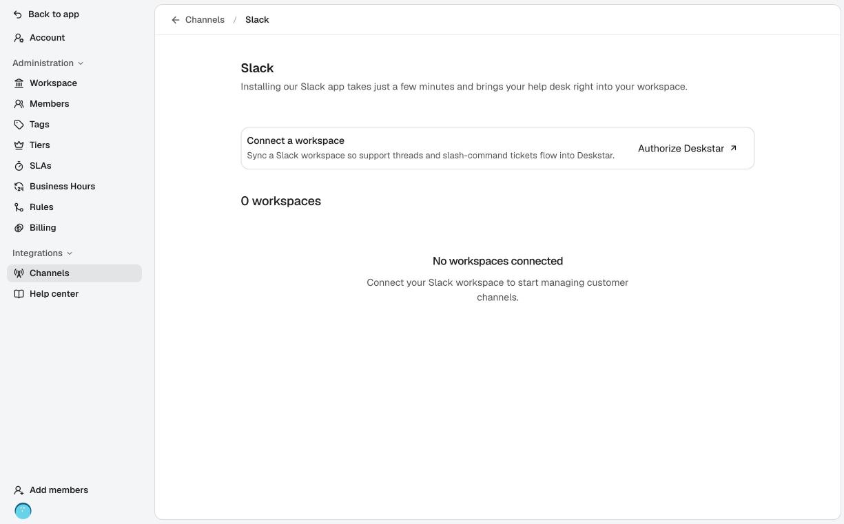 The Slack page before a workspace is connected