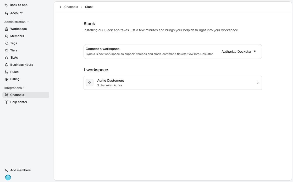A connected Slack workspace in the list
