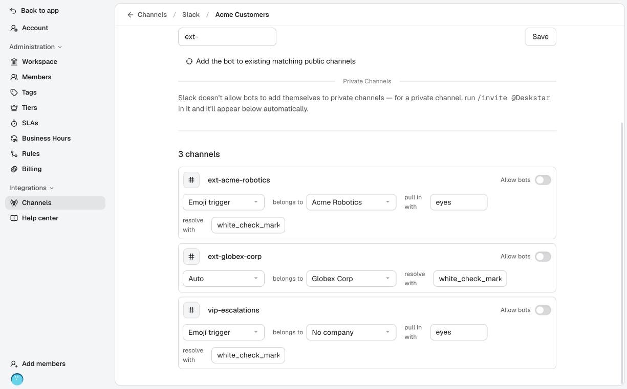 The list of channels and their settings