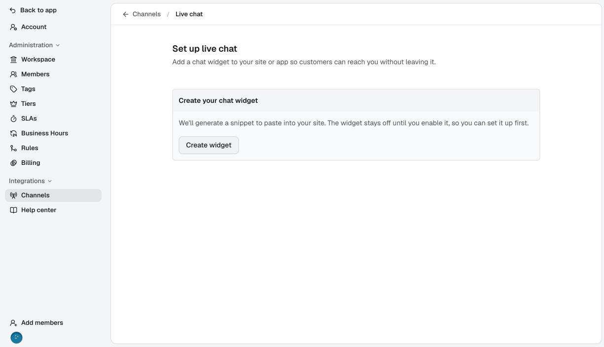 The live chat page before a widget exists