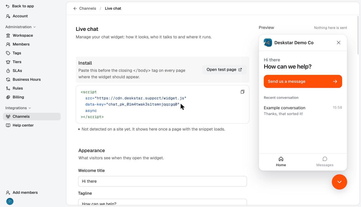 The install snippet next to the widget preview