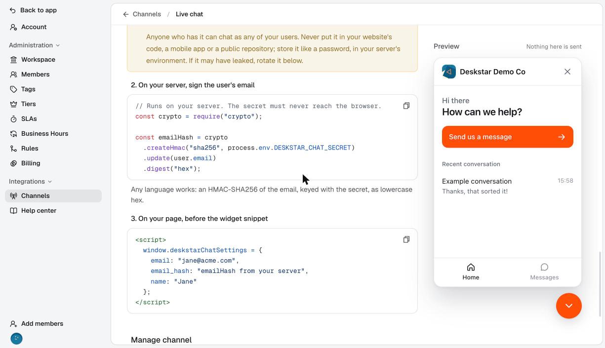 The server-side and page snippets for identity verification