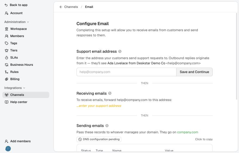 The support email address step