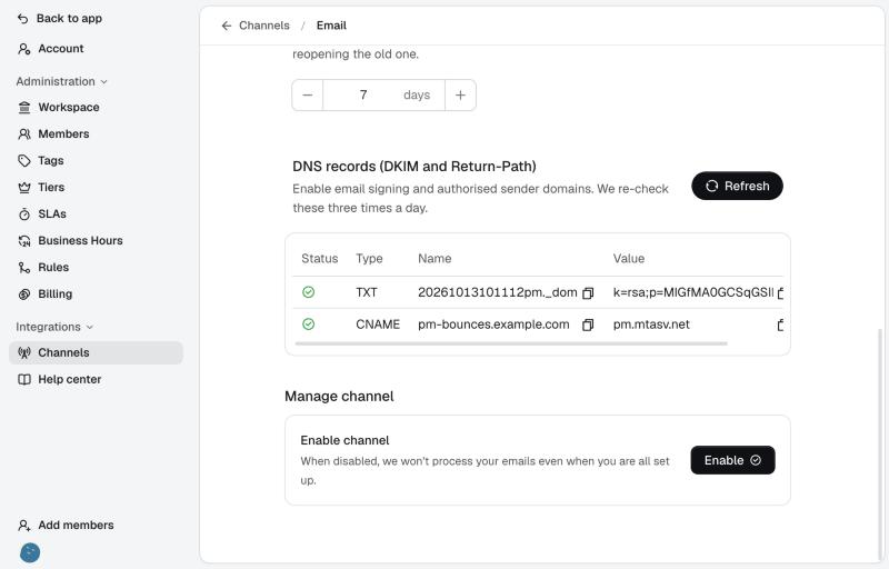 The Manage channel card with the Enable button