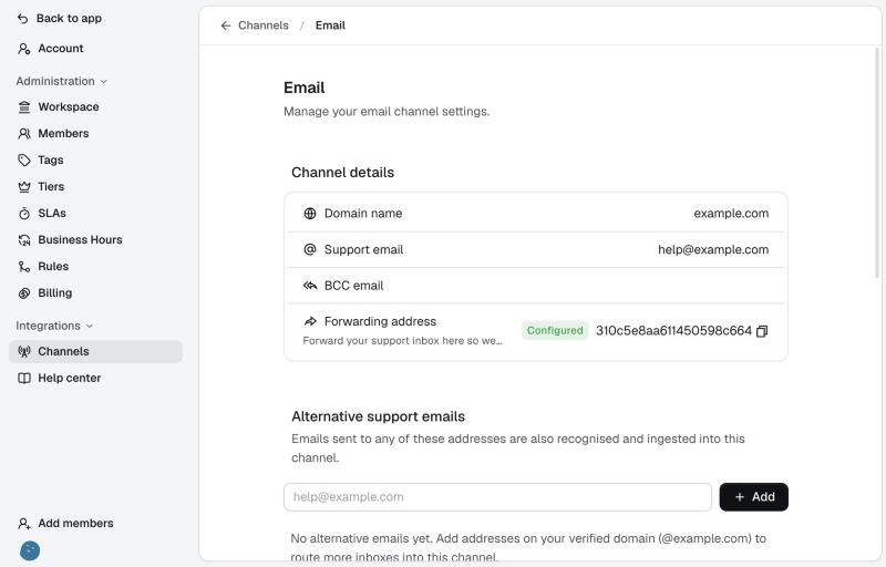 Channel details on the email settings page
