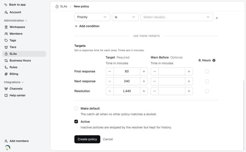 Default, active and the Create policy button