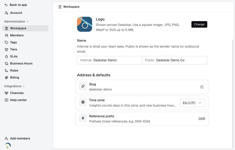 The Workspace settings page